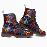 Leather Boots Skull Surrounded by Colorful Flowers