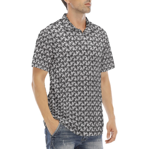 Chain Mail Armor Print Velvet Polo Shirt - Image 3