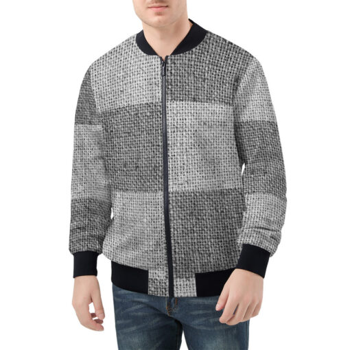 Gray Burlap Patchwork Men's Bomber Jacket - Image 3