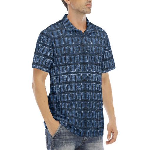 Blue Alligator Print  Velvet Polo Shirt - Image 3