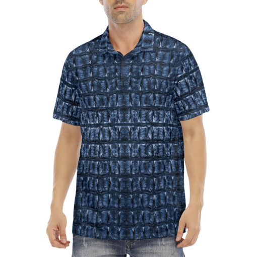 Blue Alligator Print  Velvet Polo Shirt - Image 2