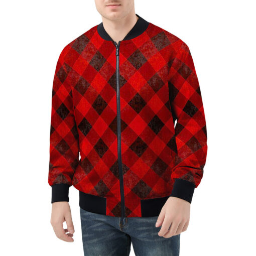 Red Checkered Pattern Men's Bomber Jacket - Image 3