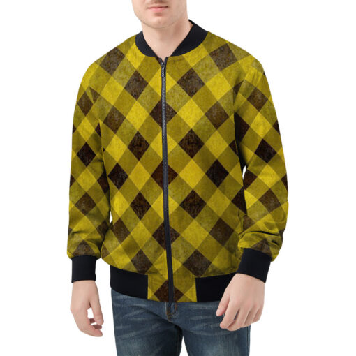 Yellow Checkered Pattern Men's Bomber Jacket - Image 3