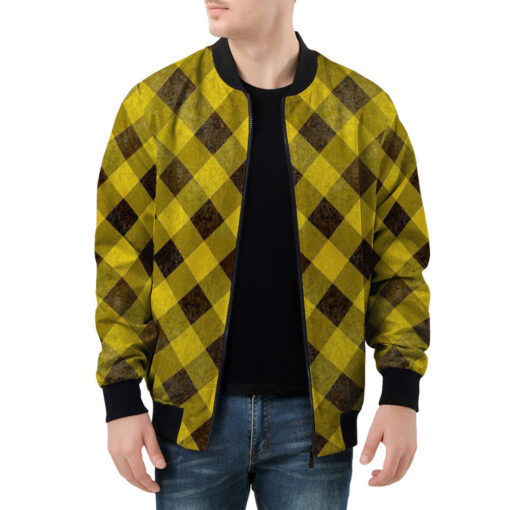 Yellow Checkered Pattern Men's Bomber Jacket