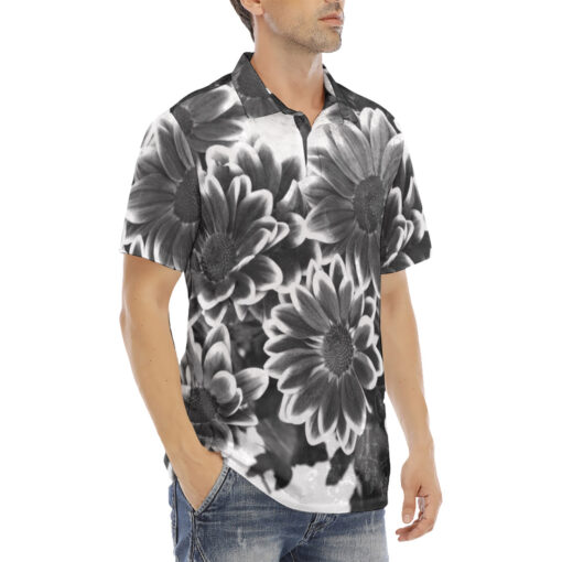 Black and White Flowers Velvet Polo Shirt - Image 3