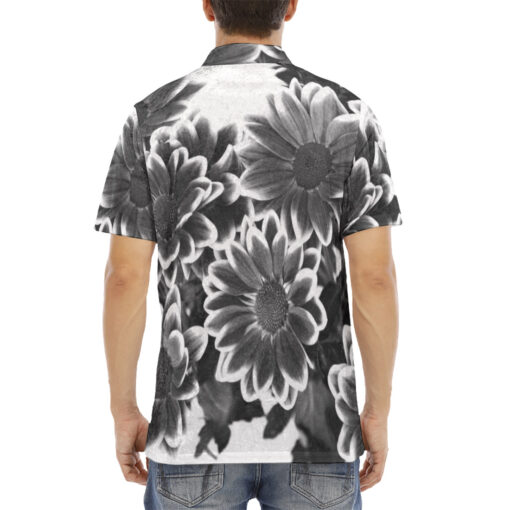 Black and White Flowers Velvet Polo Shirt - Image 4