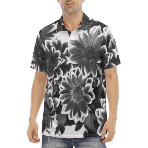 Black and White Flowers Velvet Polo Shirt - Image 2