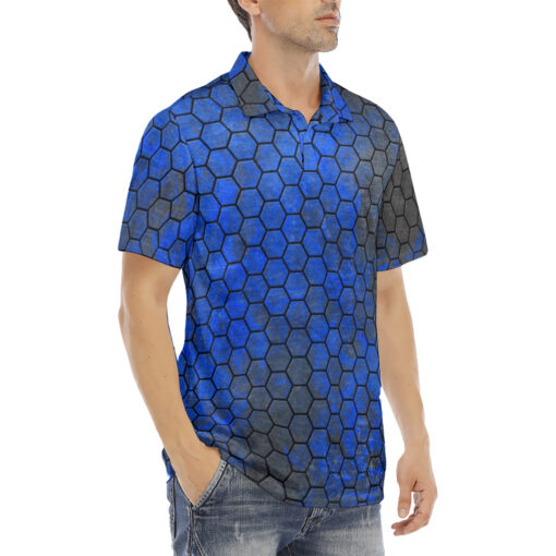 Blue Hexagons Velvet Polo Shirt - Image 3