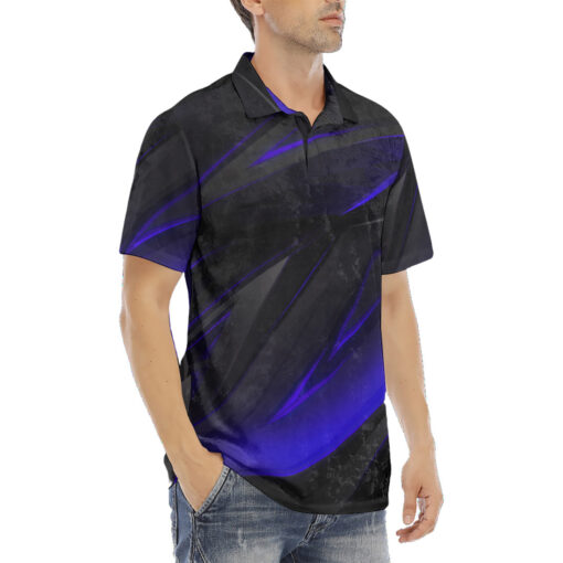 Blue Geometry Stripes Velvet Polo Shirt - Image 3