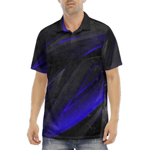 Blue Geometry Stripes Velvet Polo Shirt - Image 2