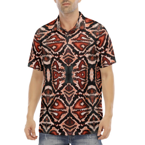 Red Snake Skin Pattern Velvet Polo Shirt - Image 2