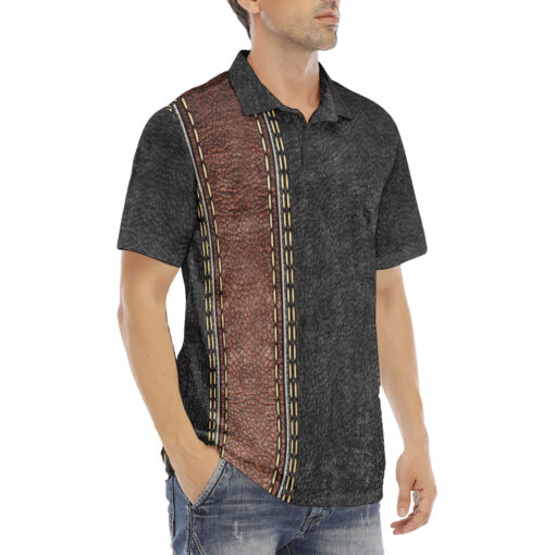 Leather Texture Brown Stripe Velvet Polo Shirt - Image 3