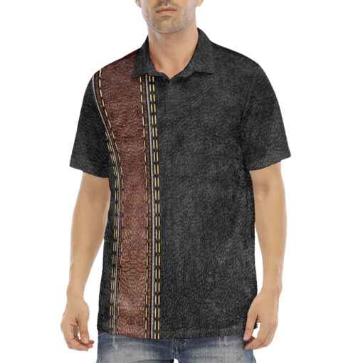 Leather Texture Brown Stripe Velvet Polo Shirt - Image 2