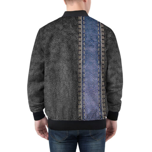 Leather Texture Blue Stripe Men's Bomber Jacket - Image 2