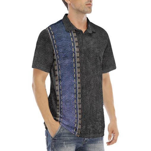 Leather Texture Blue Stripe Velvet Polo Shirt - Image 3