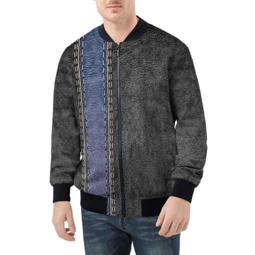 Leather Texture Blue Stripe Men's Bomber Jacket - Image 3