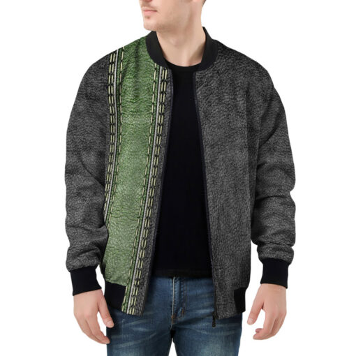 Leather Texture Green Stripe Men's Bomber Jacket