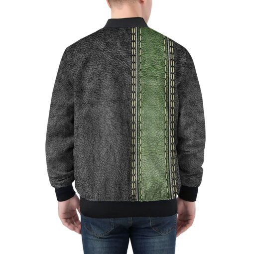 Leather Texture Green Stripe Men's Bomber Jacket - Image 2