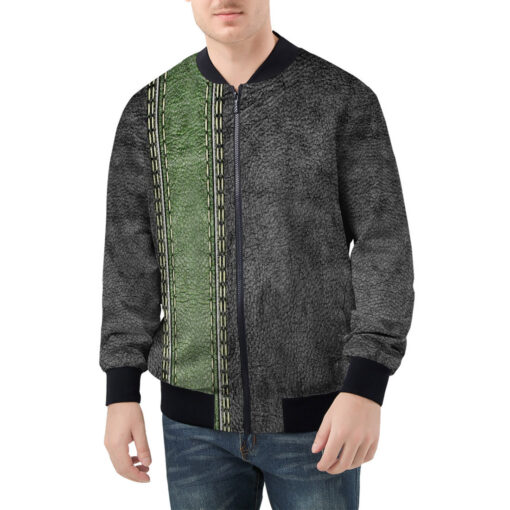 Leather Texture Green Stripe Men's Bomber Jacket - Image 3