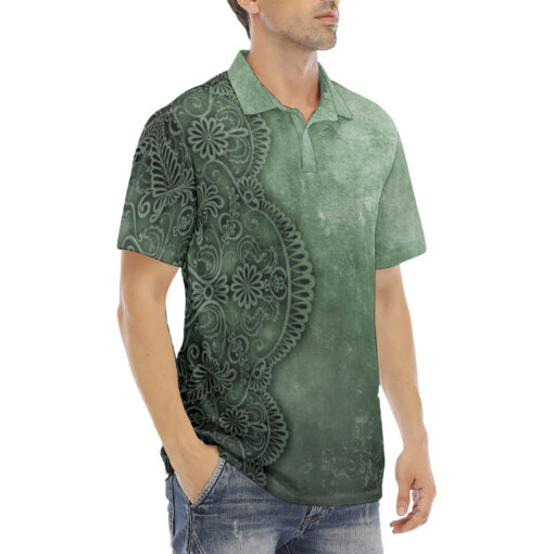 Green Lace Ornament Velvet Polo Shirt - Image 3