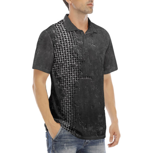 Metal Grid Cracks Scratches Velvet Polo Shirt - Image 3