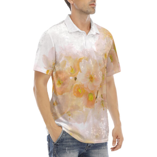 Yellow Sakura Flowers Velvet Polo Shirt - Image 3