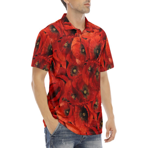 Red Poppies Flowers Velvet Polo Shirt - Image 3