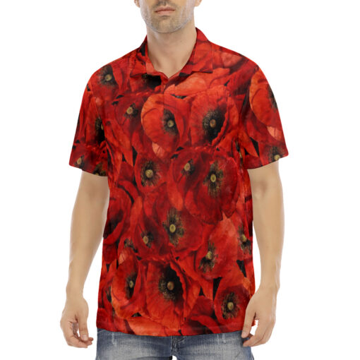 Red Poppies Flowers Velvet Polo Shirt - Image 2