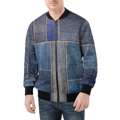 Denim Patchwork Men's Bomber Jacket - Image 3