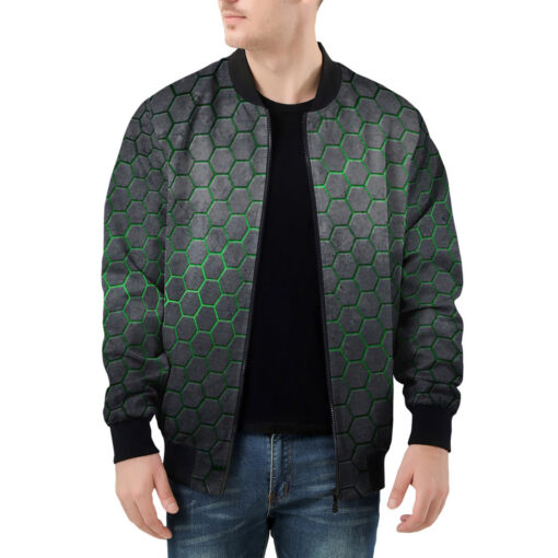 Men's Bomber Jacket Hexagons Green Glow