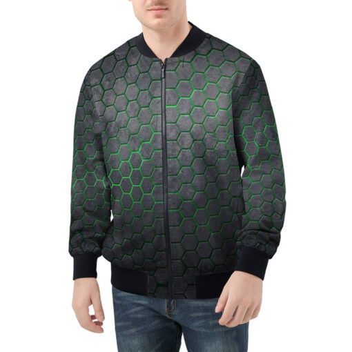 Men's Bomber Jacket Hexagons Green Glow - Image 3