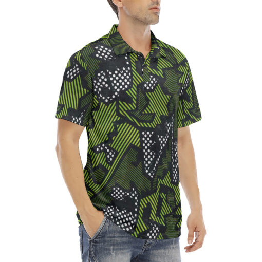 Green Geometric Velvet Polo Shirt - Image 3