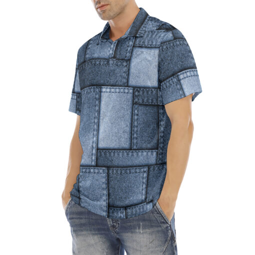 Denim Patchwork Velvet Polo Shirt