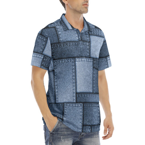 Denim Patchwork Velvet Polo Shirt - Image 3