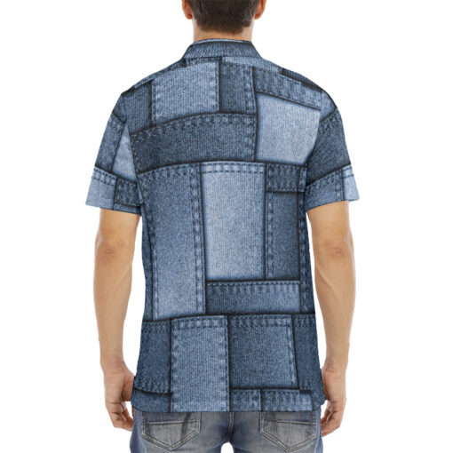 Denim Patchwork Velvet Polo Shirt - Image 4