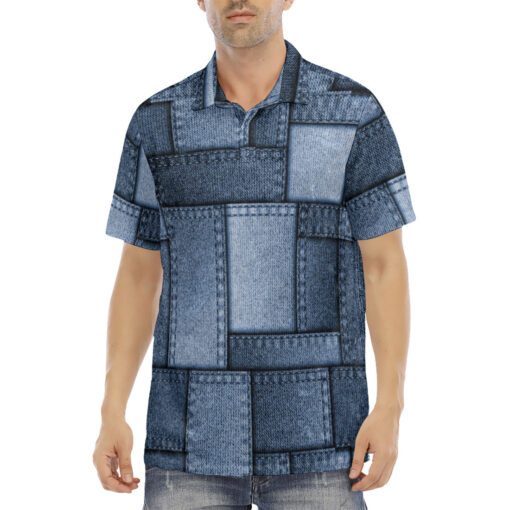 Denim Patchwork Velvet Polo Shirt - Image 2