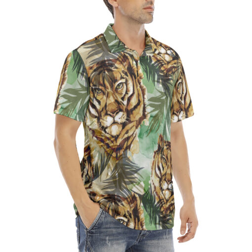 Tigers Exotic Tropical Leaves Velvet Polo Shirt - Image 3