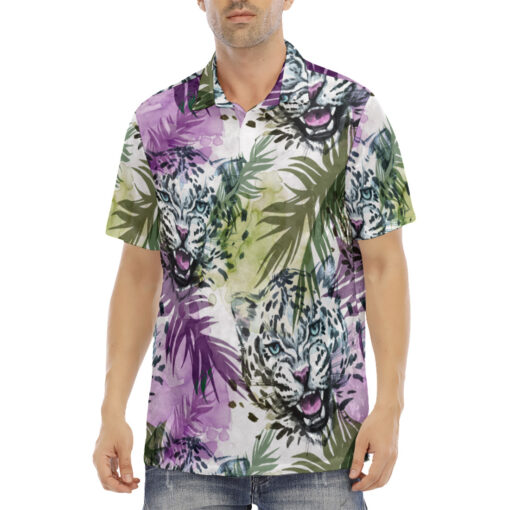 Leopards Exotic Tropical Leaves Velvet Polo Shirt - Image 2