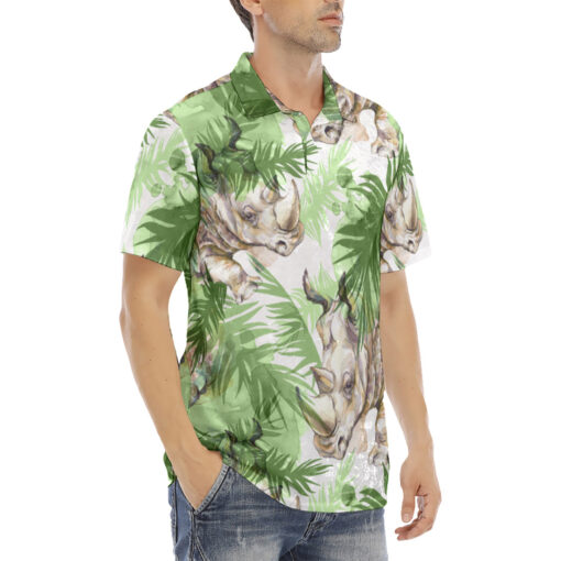 Rhinoceros Exotic Tropical Leaves Velvet Polo Shirt - Image 3