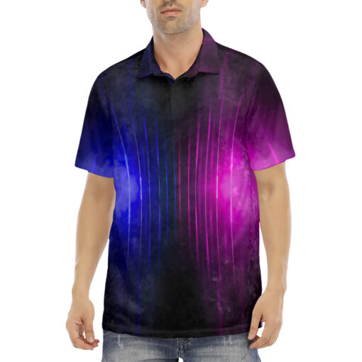 Blue Pink Smoke Neon Light Velvet Polo Shirt - Image 2