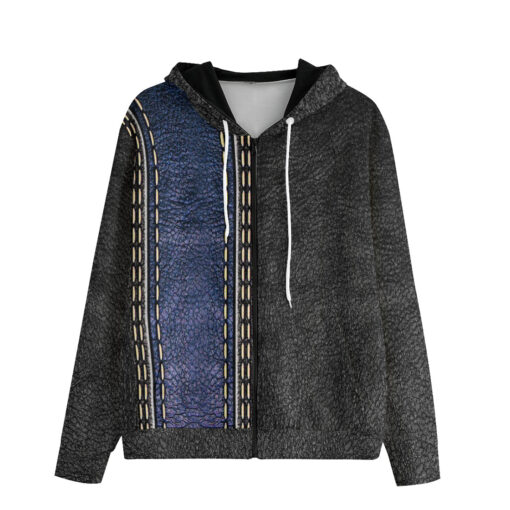 Leather Texture Blue Stripe Men's Zip Up Hoodie