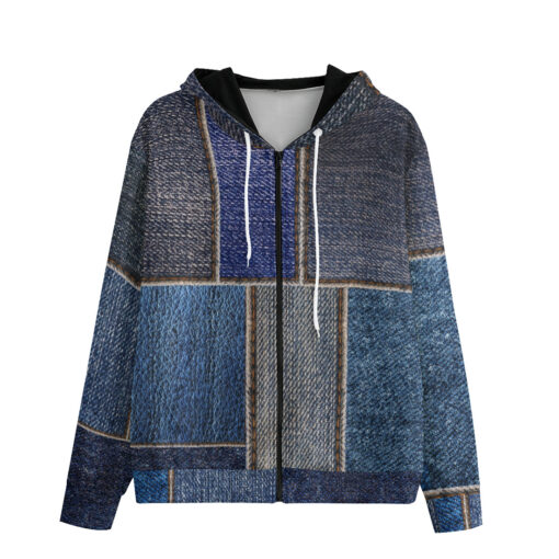 Denim Patchwork Men's Zip Up Hoodie