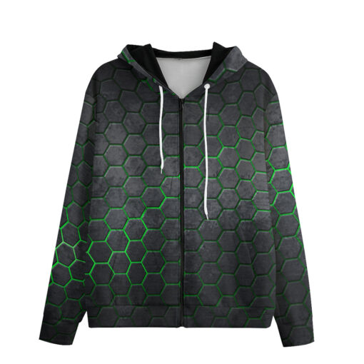 Men's Zip Up Hoodie Hexagons Green Glow