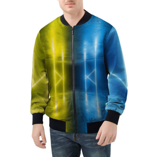 Yellow Blue Sci-Fi Neon Glowing Light Men's Bomber Jacket - Image 3