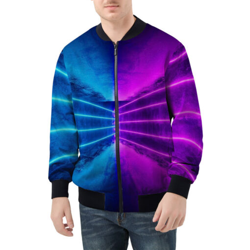 Blue Purple Futuristic Glowing Neon Men's Bomber Jacket - Image 3