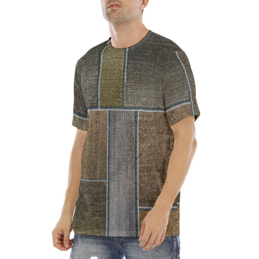 Brown Denim Patchwork Men's T-Shirt - Image 2