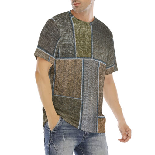 Brown Denim Patchwork Men's T-Shirt - Image 3