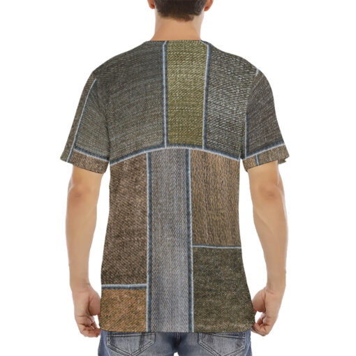 Brown Denim Patchwork Men's T-Shirt - Image 4