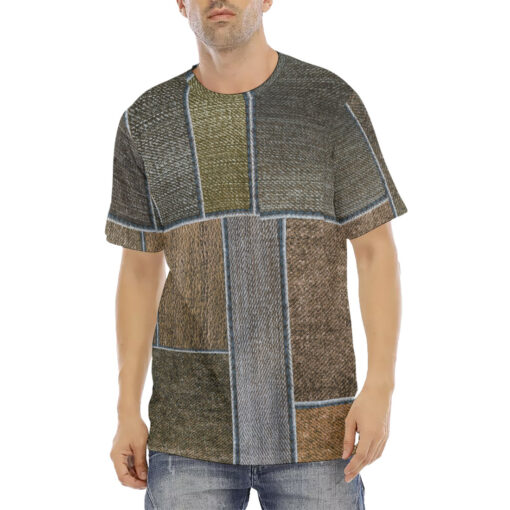 Brown Denim Patchwork Men's T-Shirt