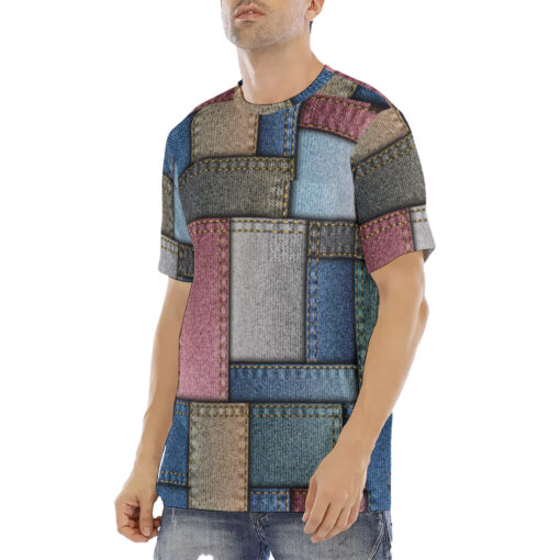 Denim Patchwork Men's T-Shirt - Image 2